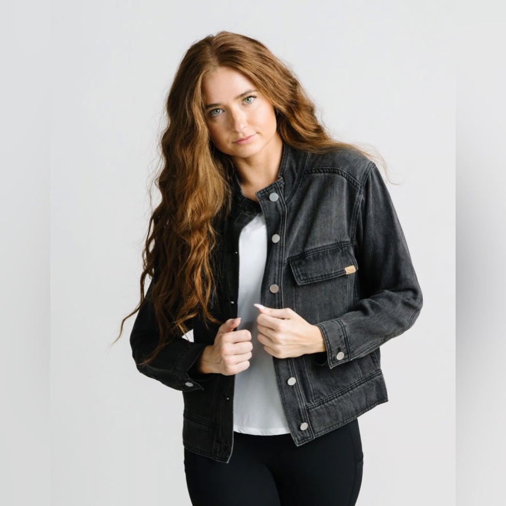 Zyia Jean Jacket Womens S Black Moto Denim Cotton Blend Casual Stretch Logo